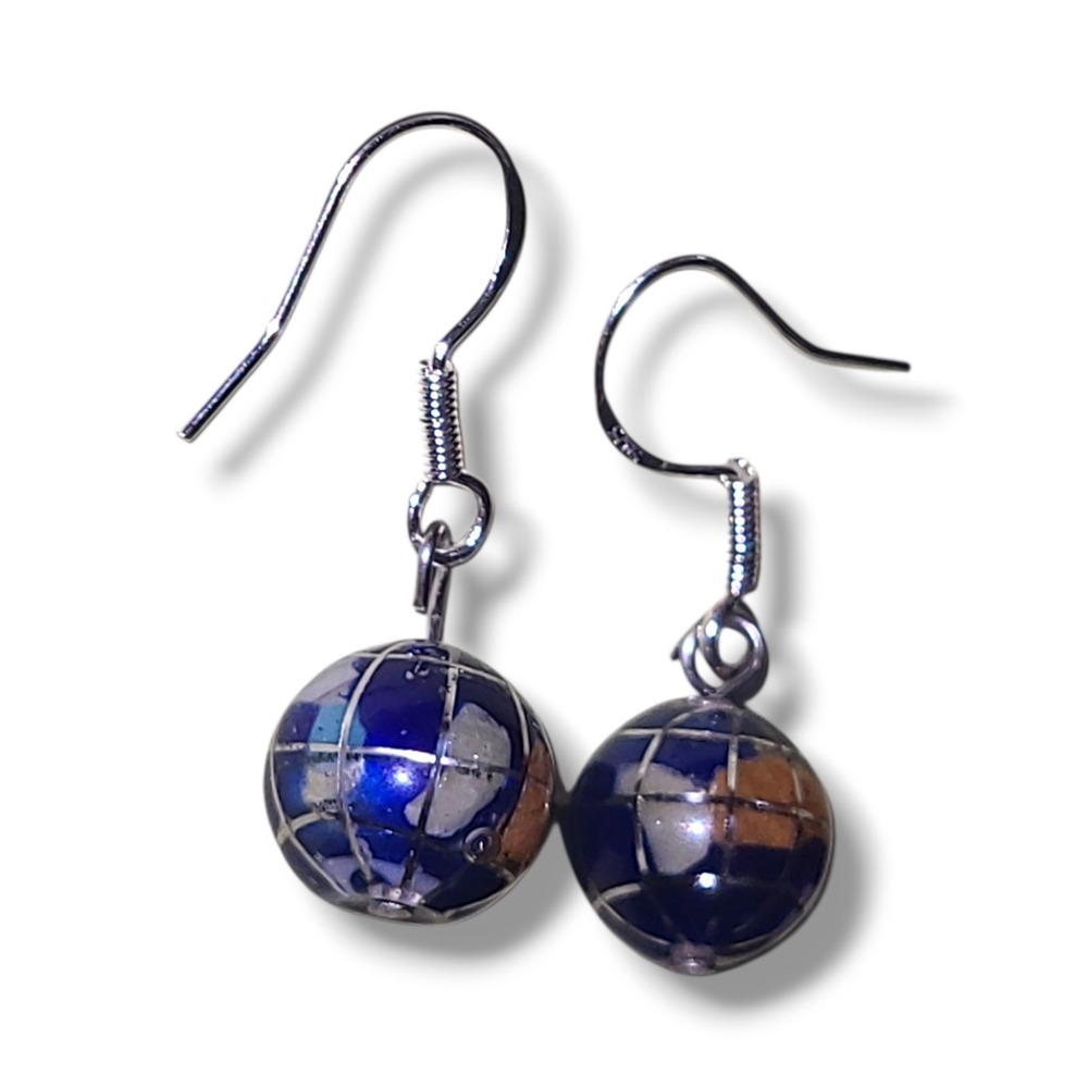 Sterling Silver Lapis Lazuli Inlay World Globe Dangle Earrings Planet Earth